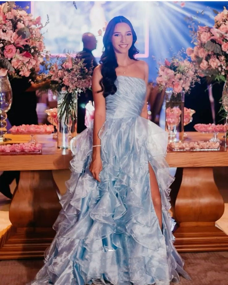 Modest Ball Gown Strapless Light Sky Blue Slit Sleeveless Prom Dresses Inspiration Party Dress Princess Graduation Dress B650