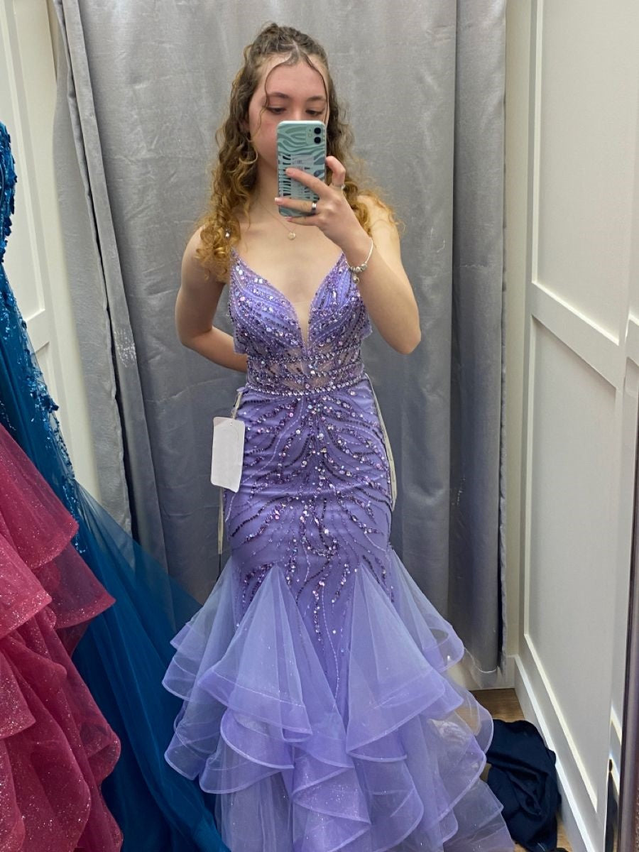 Elegant Mermaid Spaghetti Straps Lilac Tulle Long Floor Length Prom Dress Inspiration Prom Dresses B92