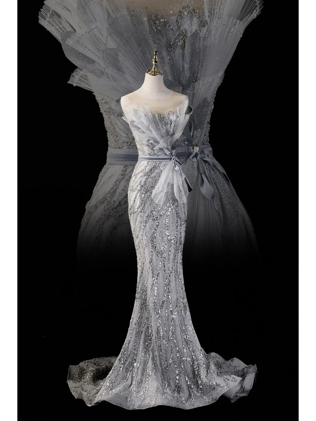 Elegantes, trägerloses, silber-graues Pailletten-Abendkleid im Meerjungfrauenstil – bezauberndes Abendkleid für Partys und Hochzeiten AB1023