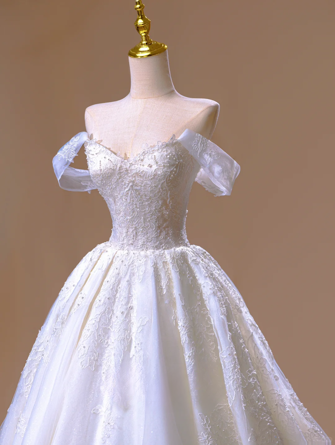 Verträumtes Ballkleid aus der Schulter Spitzenapplikationen langes Brautkleid schöne formelle süße Brautkleider DH2812