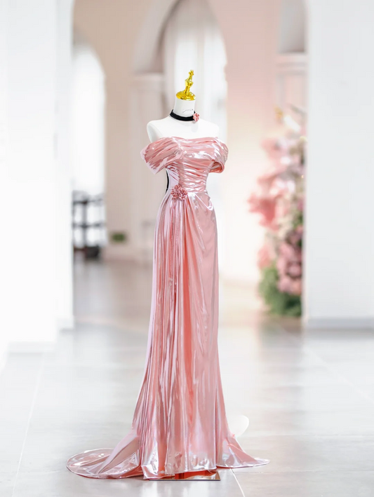 Elegant Mermaid Off The Shoulder Pink Satin Long Floor Length Prom Dress Inspiration Long Prom Dresses DH2814