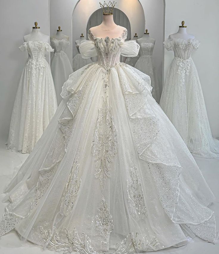 Sparkly Ball Gown Off The Shoulder Sequins Silver Beads Wedding Dress Styles Long Fairytale Brides Gown Wedding Dresses Ideas RB2856