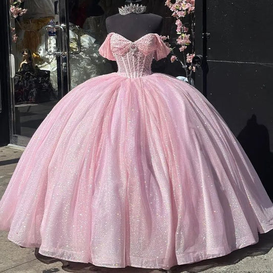 Ball Gown Sweetheart Light Pink Sequin Beaded Long Tulle Quinceanera Dress Sweet 15 16 Dresses DH3029