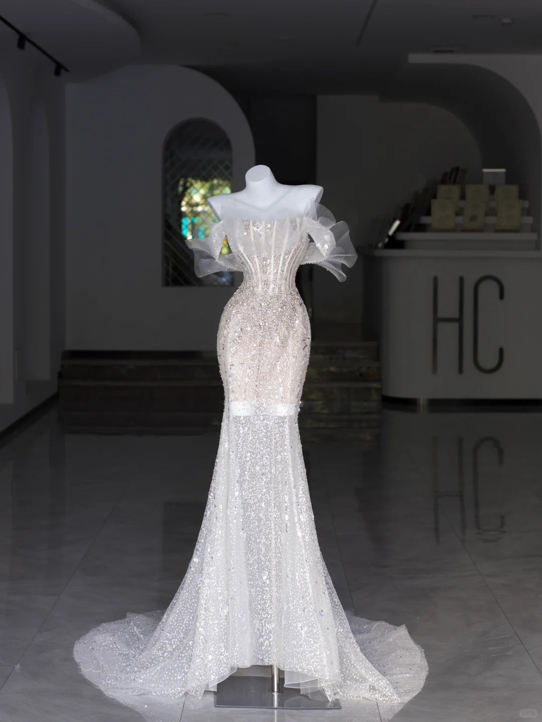 Modest Wedding Dresses Mermaid Off The Shoulder White Sequin Beaded Bodice Long Bridal Gown N2989