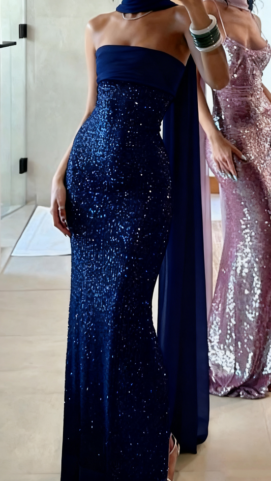 Sparkle Prom Dresses Mermaid Strapless Sequins Mint Green Slit Back Fashion Long Prom Dresses Party Gowns With Scarf AB315