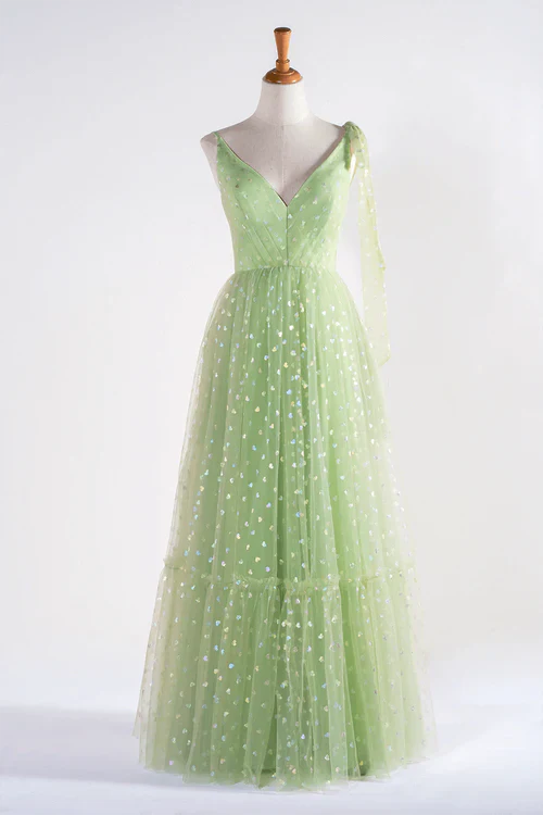 Elegant Evening Dress V-neck Dotted Floor Length Tulle Prom Dress- RF0444