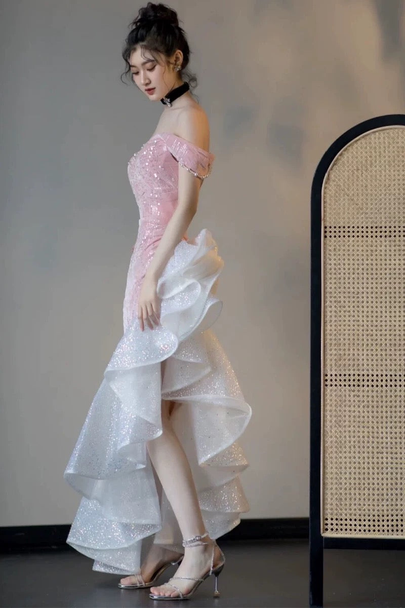 Elegantes Meerjungfrauen-Kleid, schulterfrei, Pink mit kurzen Ärmeln, formelles Kleid, Pailletten, Geburtstag, Abschlussballkleider N2816