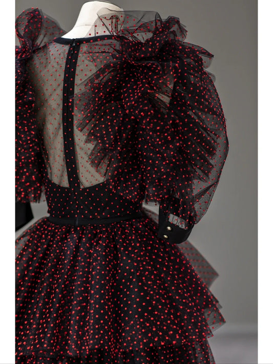 Robes de bal de princesse en tulle noir col en V à pois rouges, pour soirée de 16 ans, longue robe de cérémonie RB4008