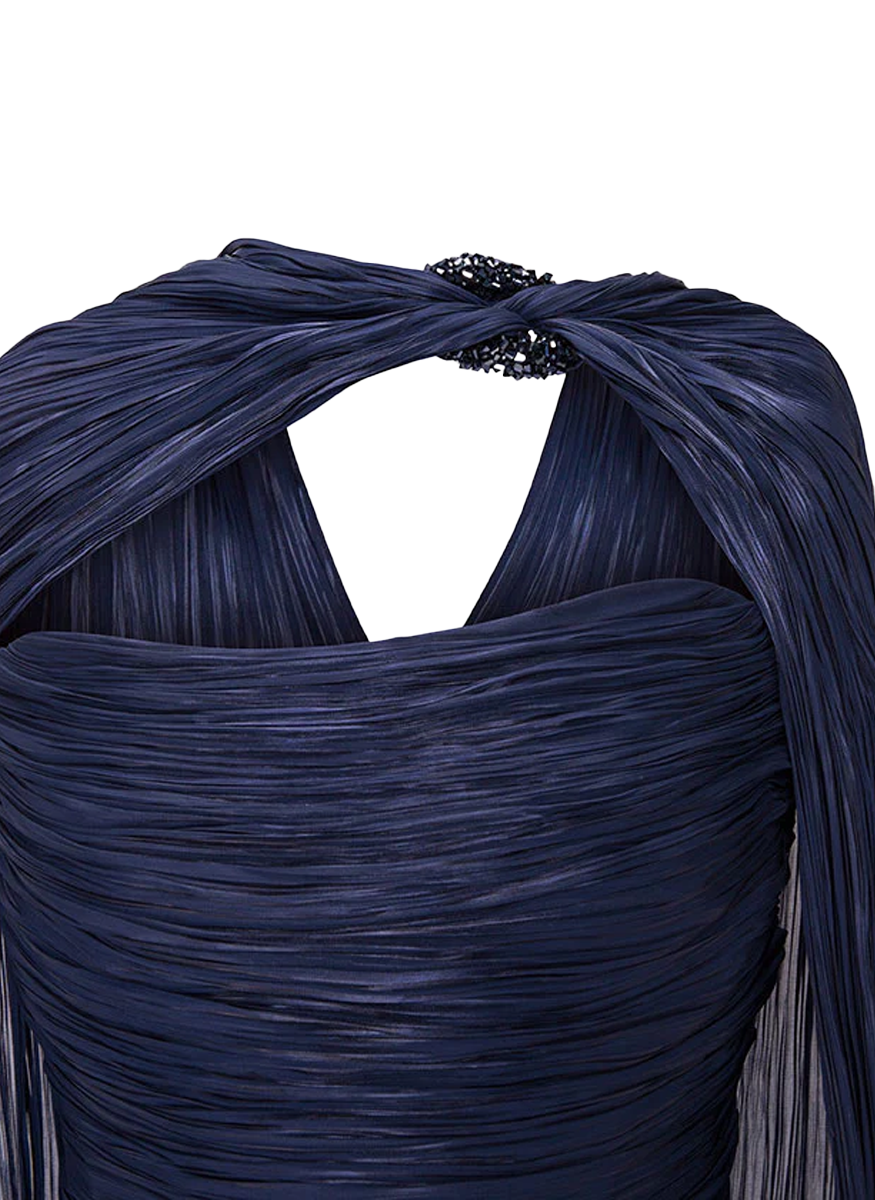 Elegant A line V Neck Navy Blue Tulle With Cape Long Formal Fancy Evening Dress Dinner Outfits Classy Party Gowns AB2022
