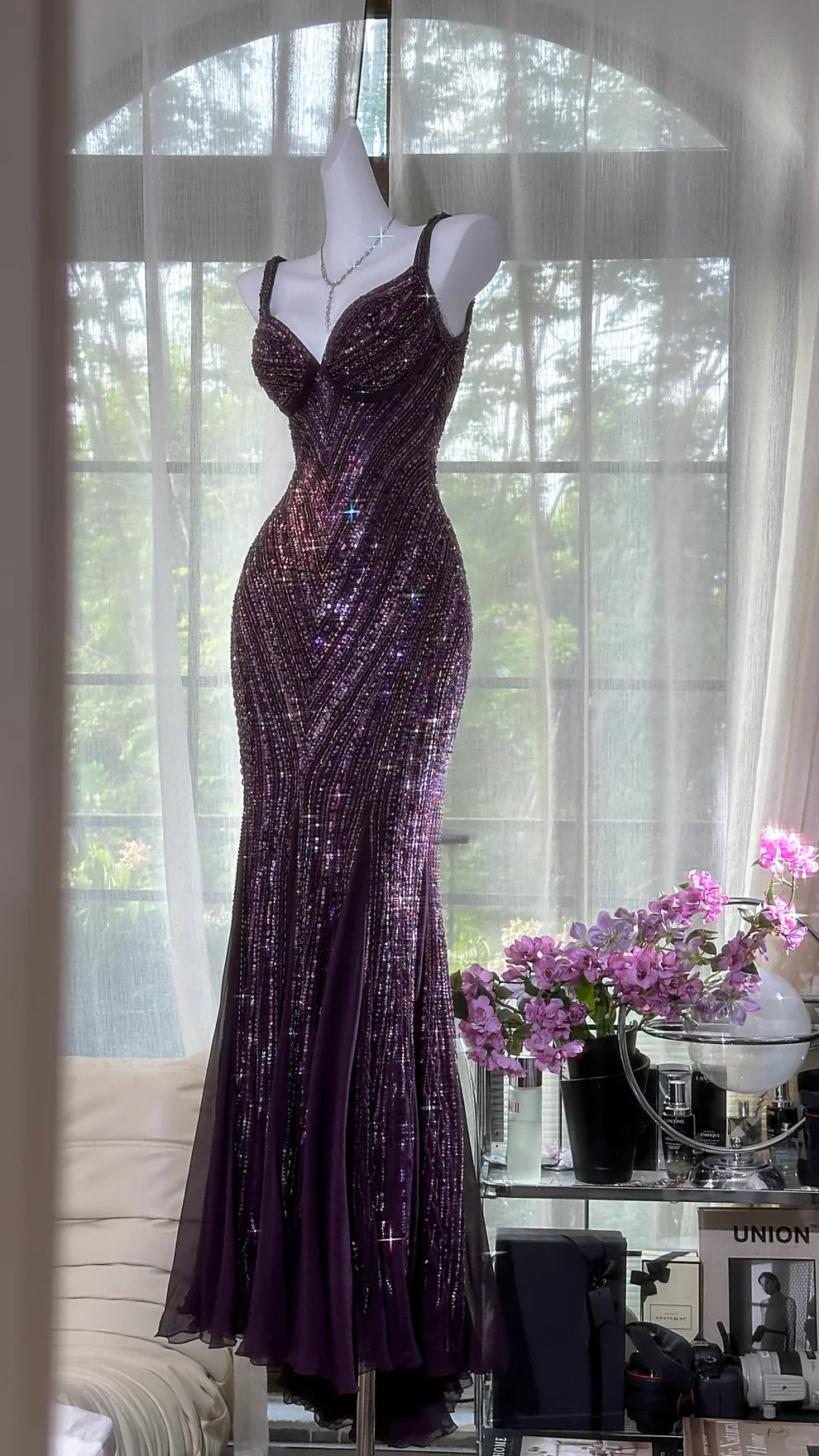 Stunning Mermaid Spaghetti Straps Grape Sequin Prom Dresses 2026 Inspiration Prom Dress Princess Graduation Dress B378