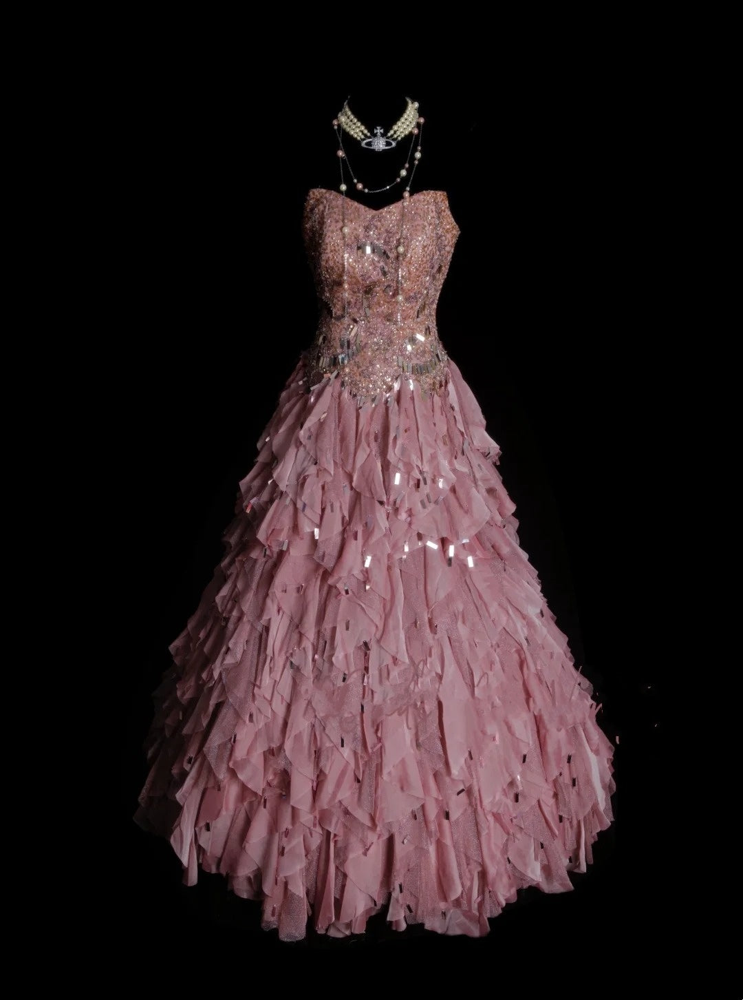 Robe de bal vintage rose à sequins, décolleté en cœur, à volants superposés, idéale pour les 16 ans et les quinceañeras (longueur 15 pouces) - N1326