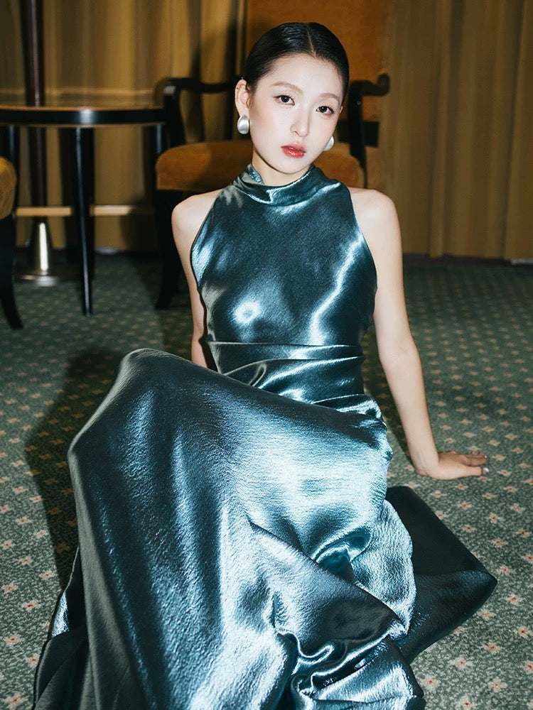 Schlichtes A-Linien-Kleid mit hohem Kragen, rückenfrei, aus blauem Satin, elegant, für Geburtstage, formelle Ballkleider N4105