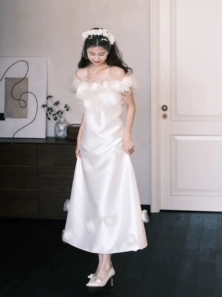 Prinzessin Hochzeitskleider Ballkleid schulterfrei weiß knöchellang Gartenhochzeitskleid Sommer N4109