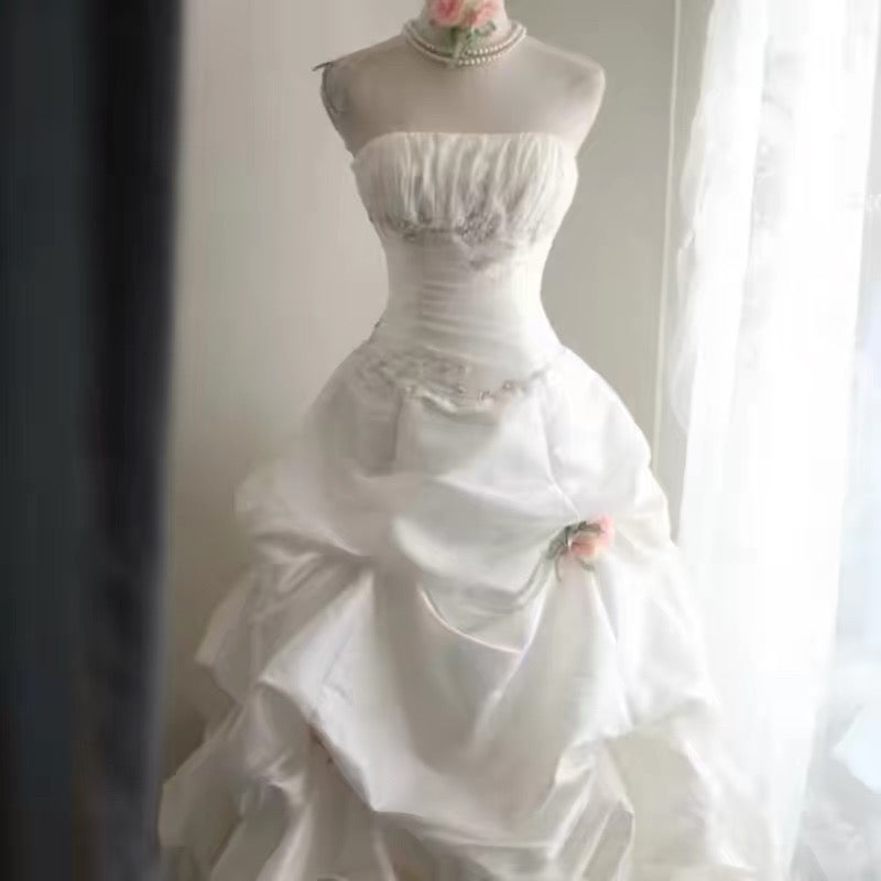 Robes de mariée intemporelles, robes de bal, bustier, satin blanc avec fleurs, robe de mariée pour jardin d'été N4085