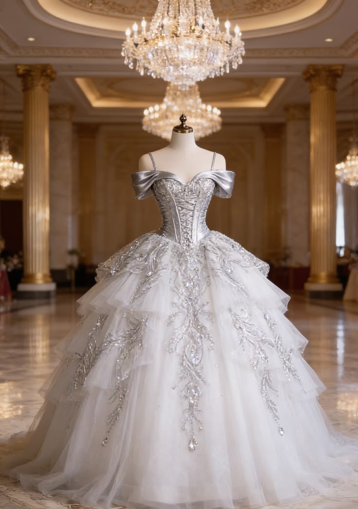 Princess Wedding Dress Ball Gown Spaghetti Straps Silver Gray Lace With Appliques Floor Length Bridal Gown RC1383