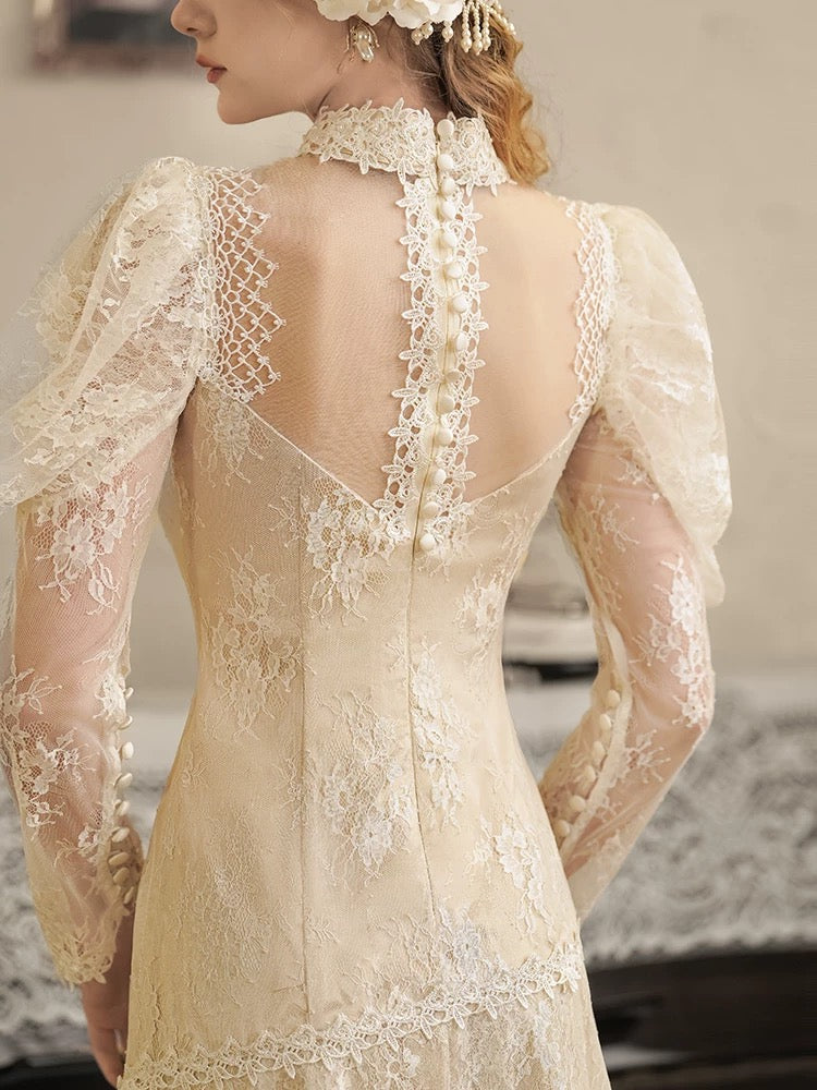 Vintage Hochzeitskleider A-Linie Hoher Ausschnitt Ärmel mit Spitze Tee-Länge Sommer Garten Hochzeitskleid N4092