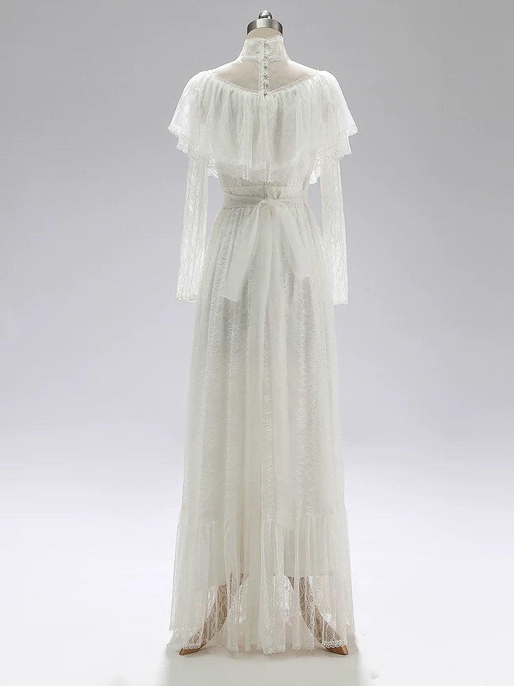Robes de mariée vintage ligne A col haut avec manches dentelle longueur au sol robe de mariée de jardin d'été N4096