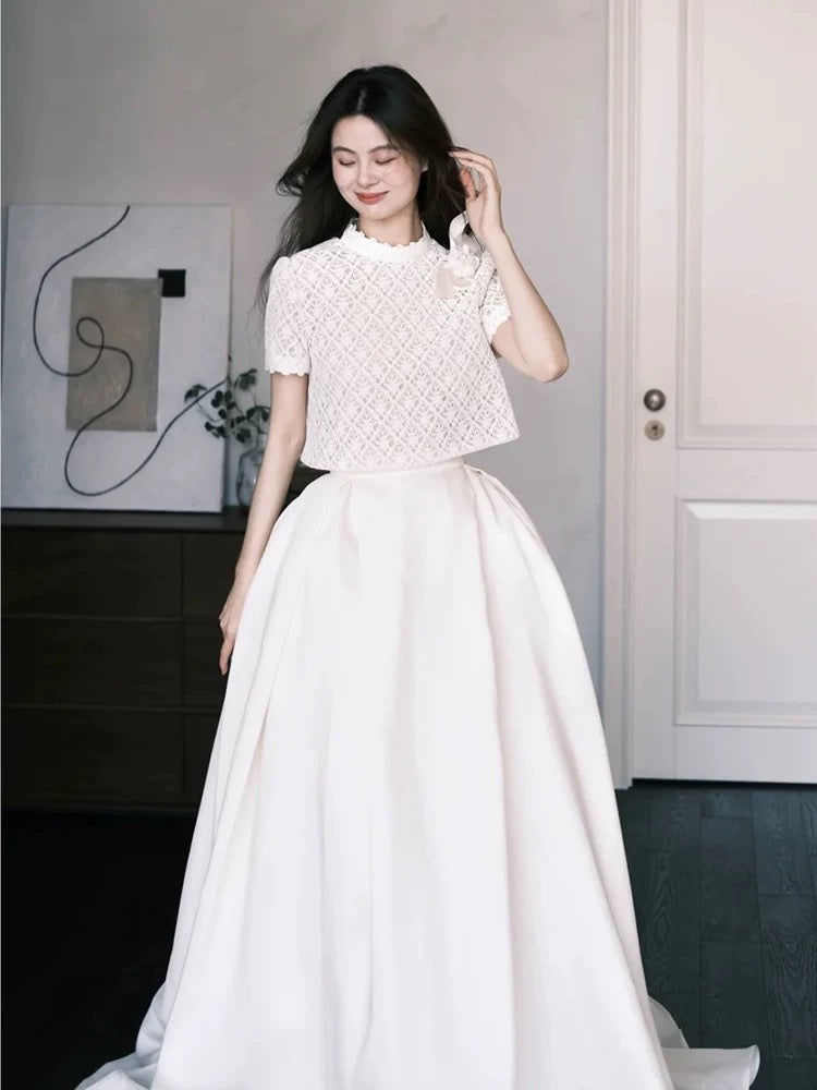 Robes de mariée simples 2 pièces, dentelle blanche, jardin d'été, longue robe de mariée N4124
