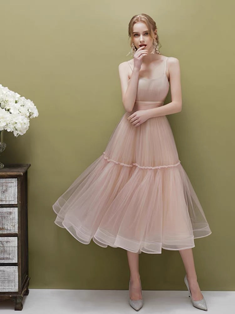 Élégante Robe de Demoiselle d'Honneur Longueur Thé Coupe Trapèze à Bretelles Fines Rose Vert Robe de Soirée Formelle N4130