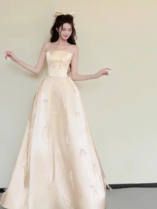 Prinzessin Abschlussballkleider Ballkleider Trägerlos mit Schleife Abend Lang Formelles Kleid N4263