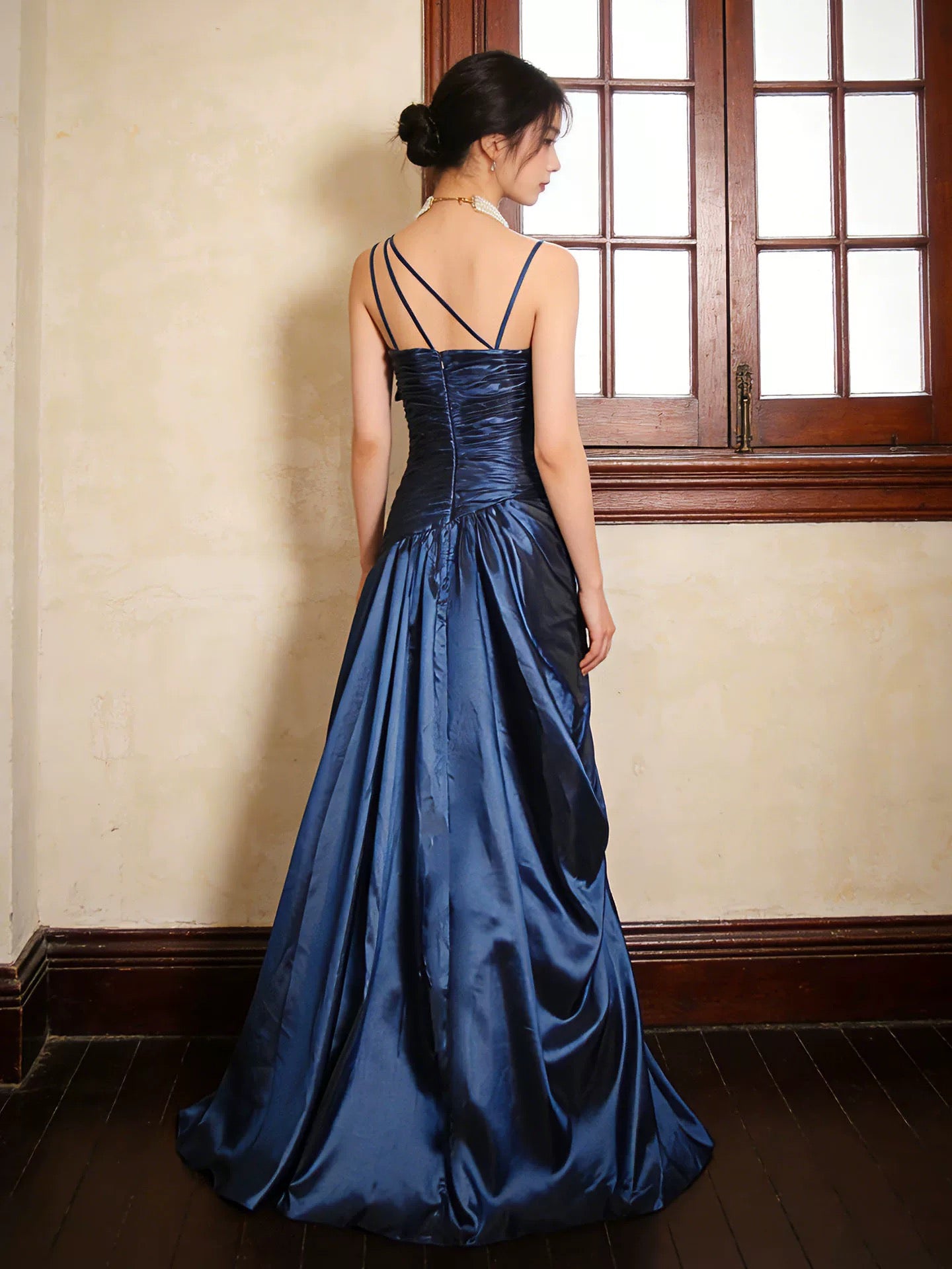 Vintage Prom Dresses 90s Formal A line One Shoulder Navy Blue Satin With Beadings Long Party Gowns N4271