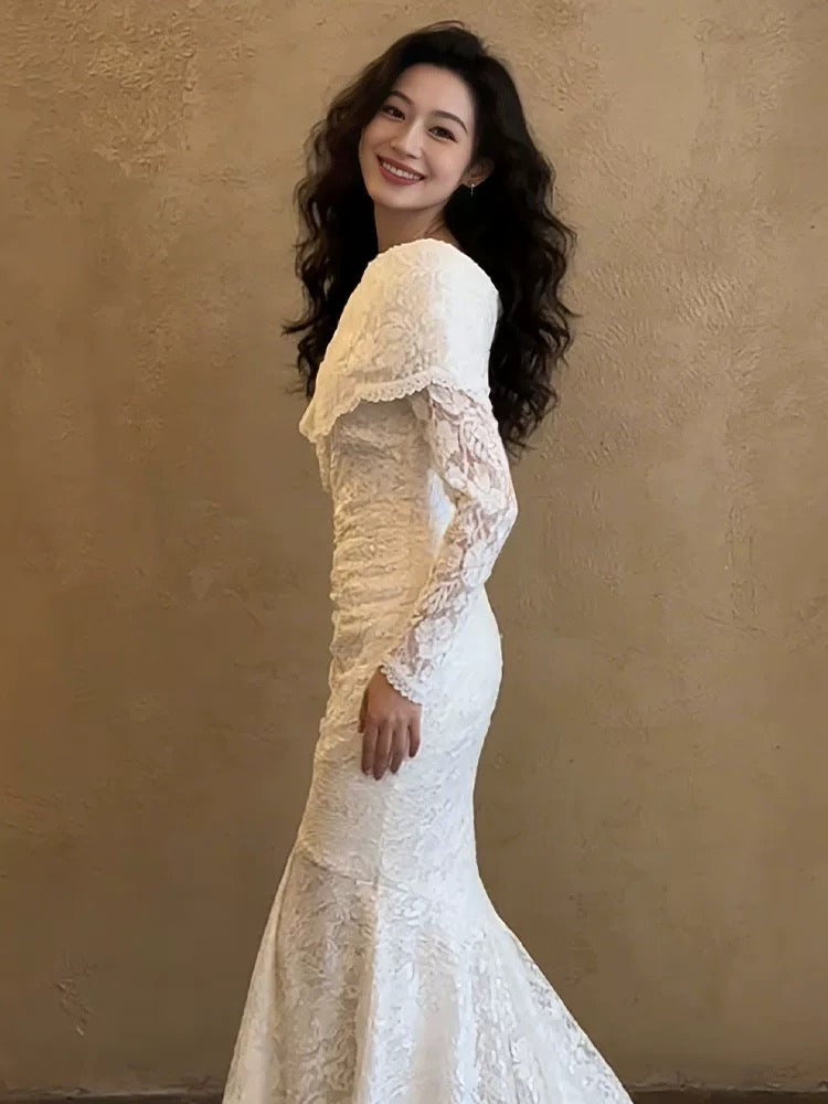 Robes de Mariée Romantiques Épaules Dénudées Dentelle Blanche Sirène Robe de Mariée d'Été N4272