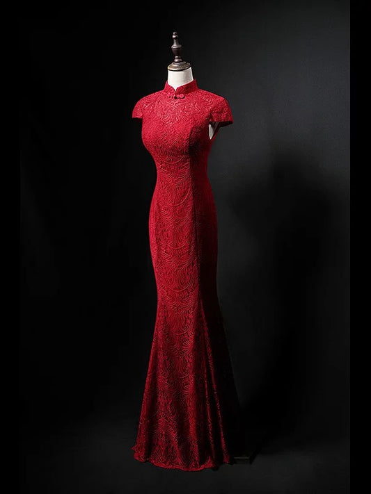 Atemberaubendes Meerjungfrau-Abendkleid mit hohem Halsausschnitt, kurzen Ärmeln, Spitze und langer Schleppe für Damen N4279
