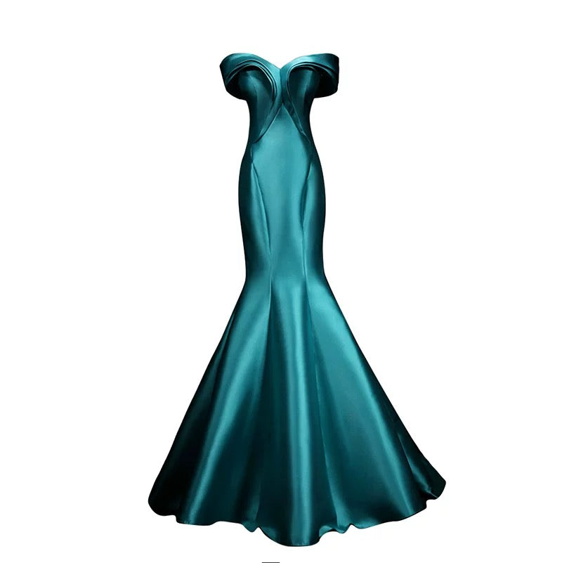 Modest Mermaid Off The Shoulder Blue Satin 18th Birthday Elegant Outfit Formal Long Prom Dresses N4141
