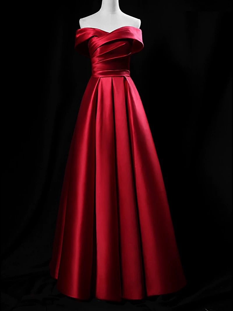 Robe de Soirée de Bal Longue Élégante en Satin Rouge Modeste Coupe Droite Épaules Dénudées pour 18ème Anniversaire N4150