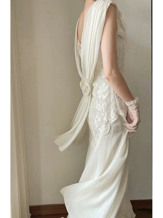 Aesthetic A line Square Neck Chiffon Lace Long Summer Brides Dress White Wedding Dresses RB3708