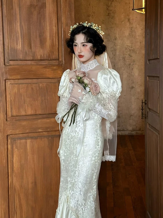 Vintage Mermaid High Neck With Long Sleeves Lace Summer Brides Dress White Wedding Dresses RB3710