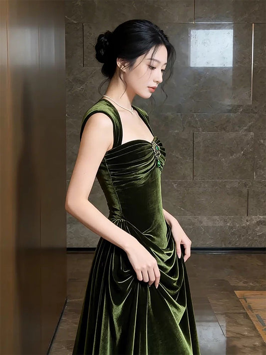 Prinzessin Abschlussballkleider Etui-Linie Eckiger Ausschnitt Ärmellos Olivgrün Samt Abendkleid Lang Festliches Kleid RB3714