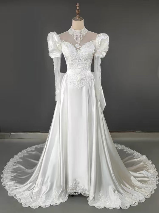 Vintage A line High Neck With Long Sleeves Lace Summer Bridal Gown White Satin Wedding Dresses RB3719
