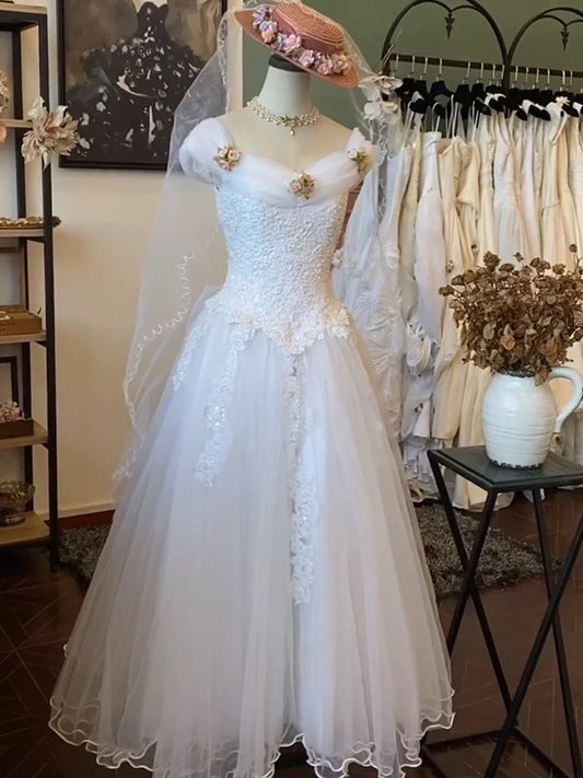 Vintage A line Sweetheart Tulle With Flower Lace Summer Bridal Gown White Wedding Dresses RB3721