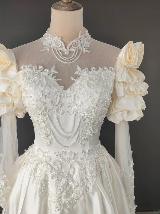 Vintage A line High Neck With Long Sleeves Ruffled Flowers Summer Bridal Gown Ivory Satin Wedding Dresses RB3723