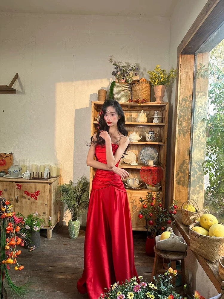 Modeste Robe de Bal Longue Sirène en Satin Rouge sans Bretelles Élégante pour 18ème Anniversaire N4167