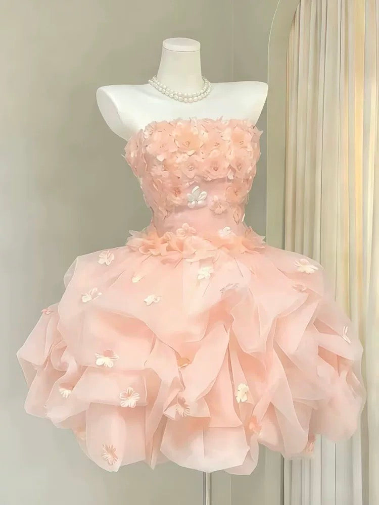 Pretty Ball Gown Strapless Blue With Flowers Short Mini Party Dress Cocktail Homecoming Dresses N4169