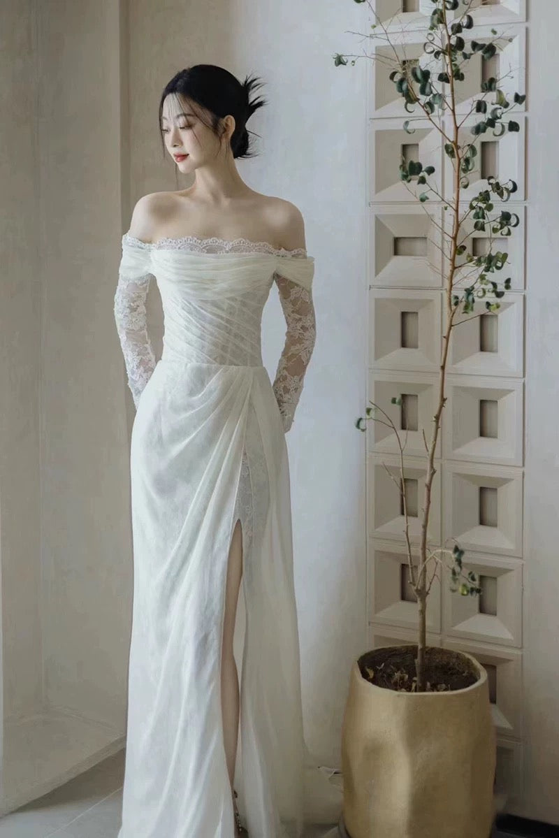 Französische Hochzeitskleider im Meerjungfrauen-Stil, schulterfrei, Spitze mit plissiertem Sommergarten-Brautkleid N4171