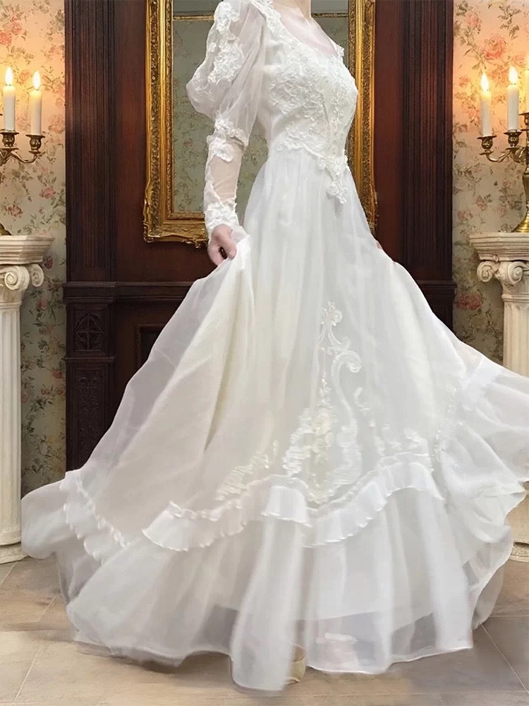 Robes de mariée style français coupe trapèze col carré dentelle avec manches robe de mariée de jardin d'été N4173