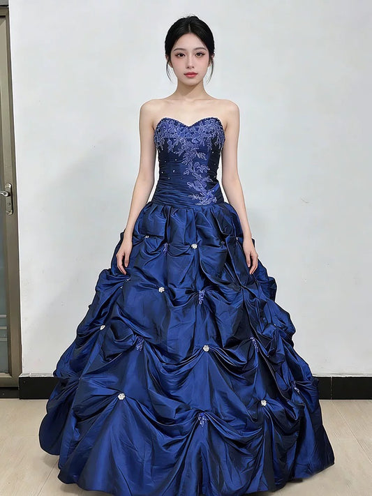 Prinzessin Abschlussballkleider Ballkleider Sweetheart Navyblaues Taft Abend langes Ballkleid N4287
