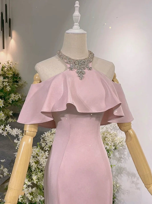 Sexy Prom Dresses Formal Mermaid High Neck Pink With Beadings Long Party Gowns N4292
