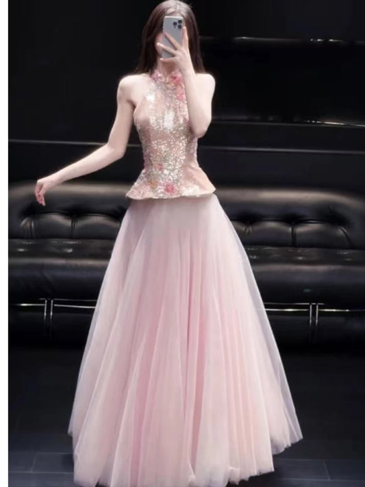 Verträumte Abschlussballkleider A-Linie Hochgeschlossen Rosa Tüll mit Blumen Ärmellos Abend Lange Formelle Outfits RB3726