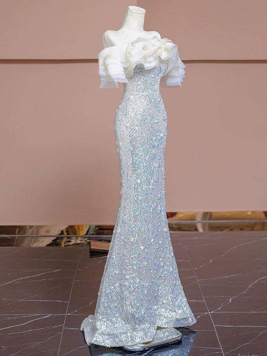 Elegante Abschlussballkleider Meerjungfrau schulterfrei weiß Pailletten Korsett tailliert Abendkleid lang festliche Party-Outfits RB3728
