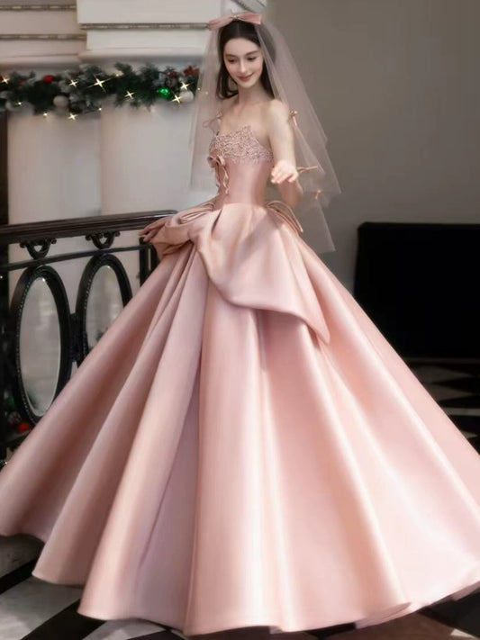 Prinzessinnen-Ballkleid Trägerlos Rouge-Rosa mit Perlen Satin Abendkleid Langes Festliches Kleid RB3732