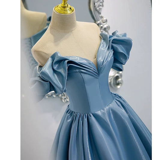 Elegante Ballkleider für den Abschlussball, schulterfrei, aus blauem Satin, mit Korsett, tailliertes Abendkleid, lange formelle Partykleidung RB3736