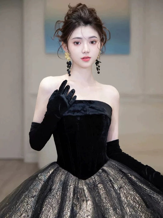 Prinzessin Abschlussballkleider Ballkleid Trägerlos Schwarz Mit Handschuhen Tüll Abend Lang Formales Kleid RB3738