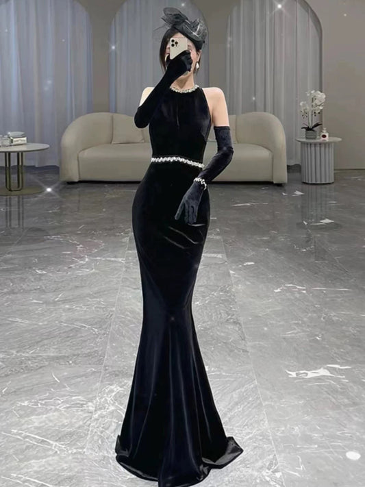 Glam Mermaid Scoop Black Tie Kleid Ballkleider Samt Abend Lang Semi Formales Kleid RB3740