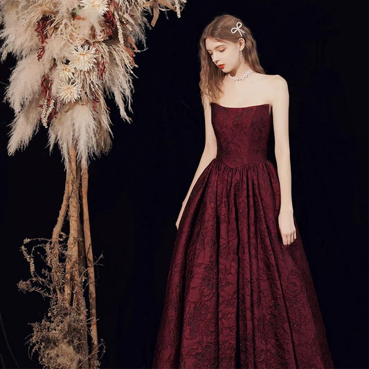 Timeless A Line Strapless Burgundy Satin Date Night Outfits Semi Formal Prom Wedding Guest Dresses RB5271
