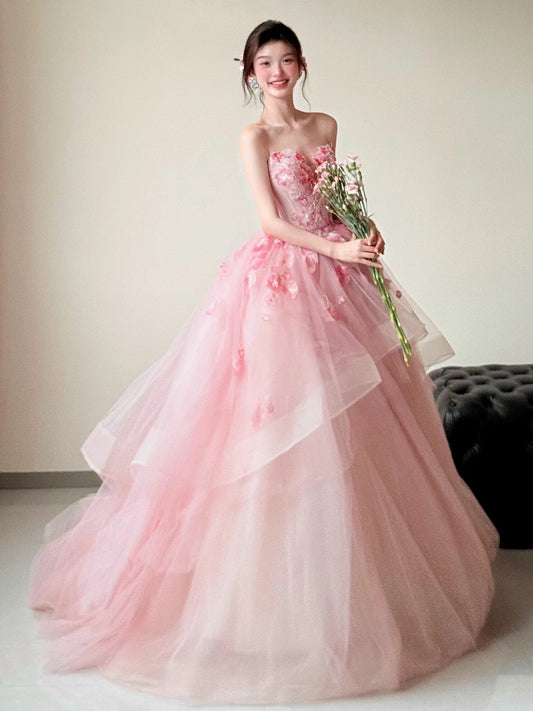 Cute Prom Dress Ball Gown Sweetheart Pink With Appliqued Long Quinceanera Dresses Sweet 16 Dress Formal Outfits RB5260