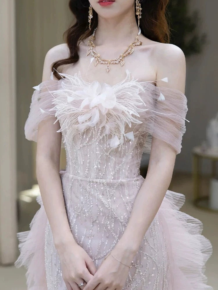 Unique Women's Mermaid Off The Shoulder Tulle Pink Sequined Date Night Outfits Outdoor Semi Formal Prom Wedding Guest Dresses RB5261